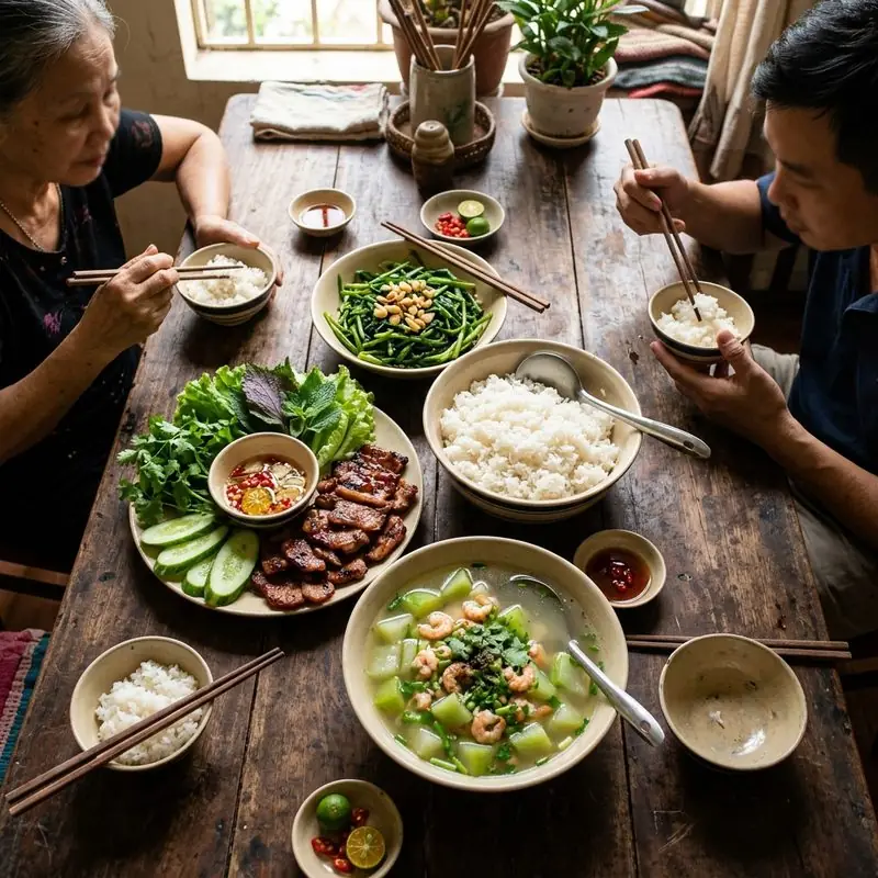 Mâm cơm Thịt nướng canh bầu
