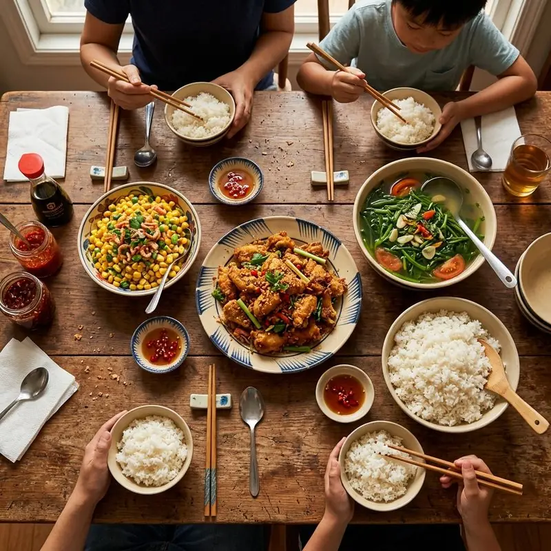 Mâm cơm Gà rang muối bắp xào