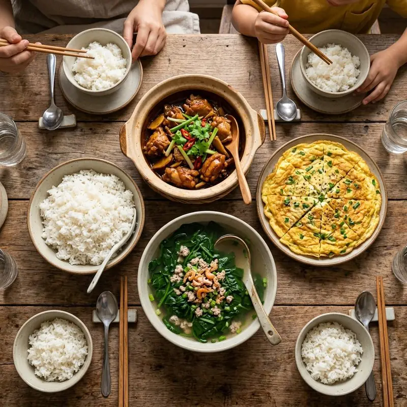 Mâm cơm Gà kho gừng mồng tơi