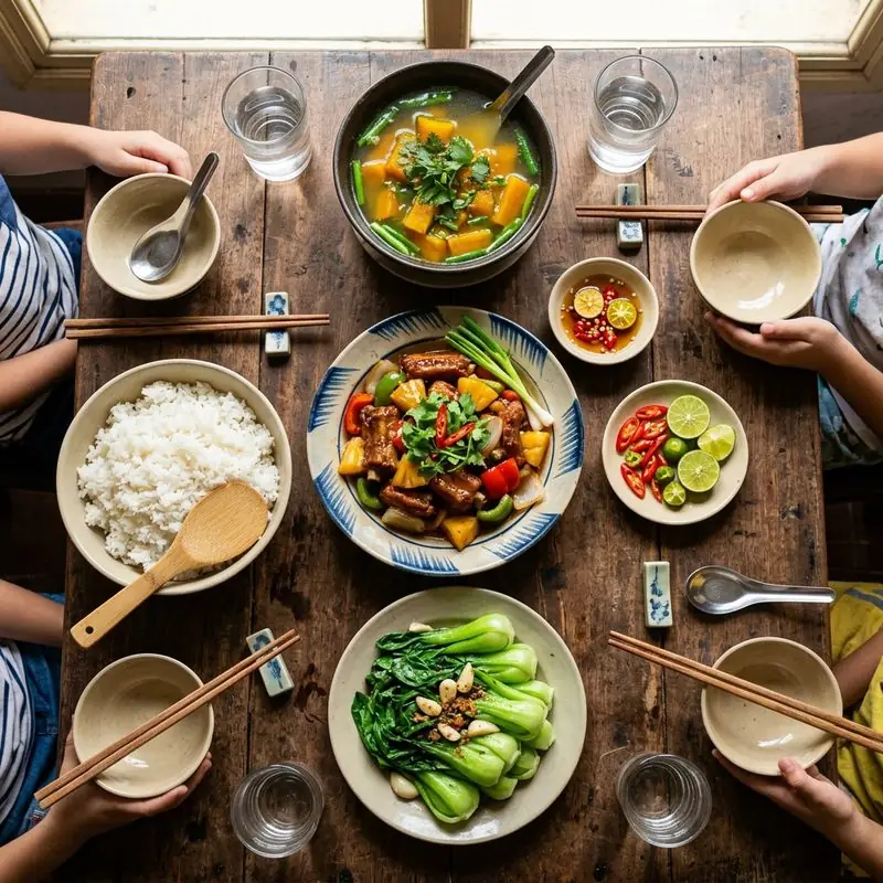 Mâm cơm Sườn xào rau cải