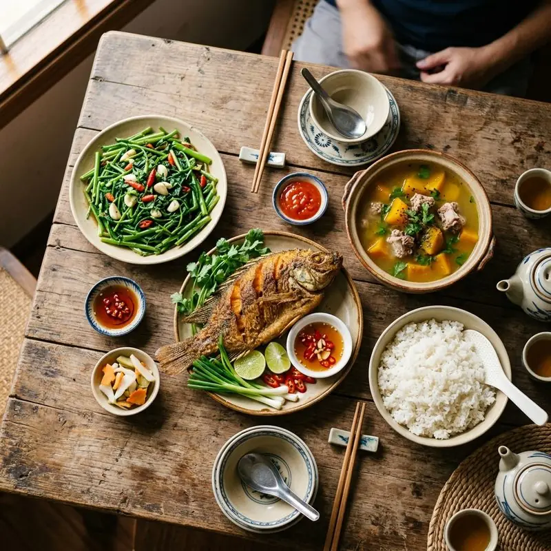 Mâm cơm Cá chiên giòn canh bí đỏ