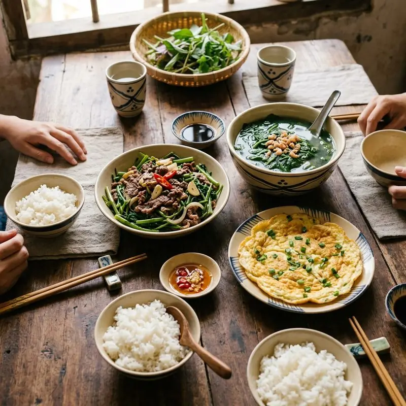 Mâm cơm Bò xào trứng chiên