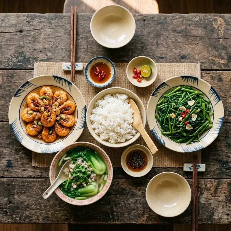 Mâm cơm Tôm rim bơ tỏi canh cải thìa
