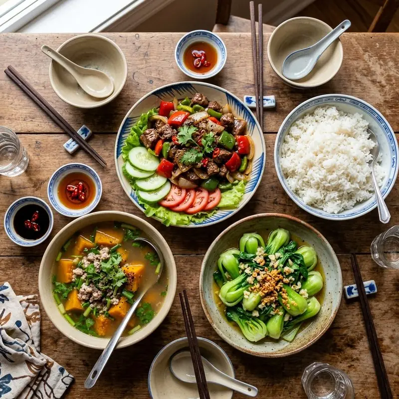 Mâm cơm Bò lúc lắc rau cải