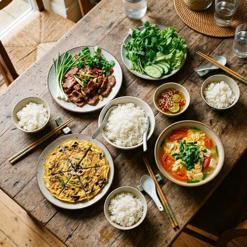 Mâm cơm Thịt nướng trứng chiên