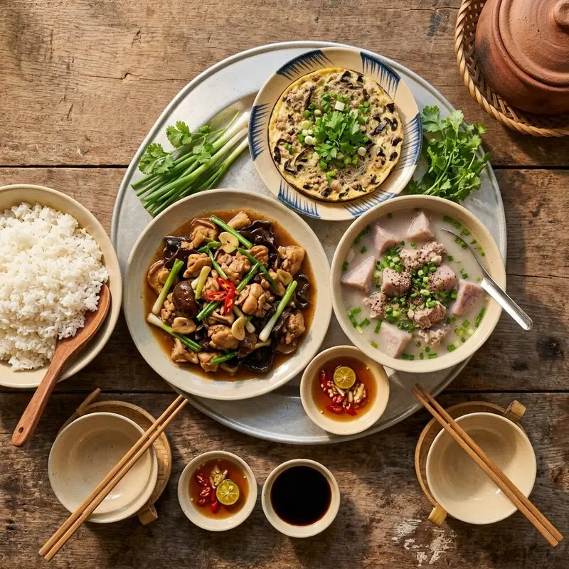 Mâm cơm Gà xào nấm canh khoai môn