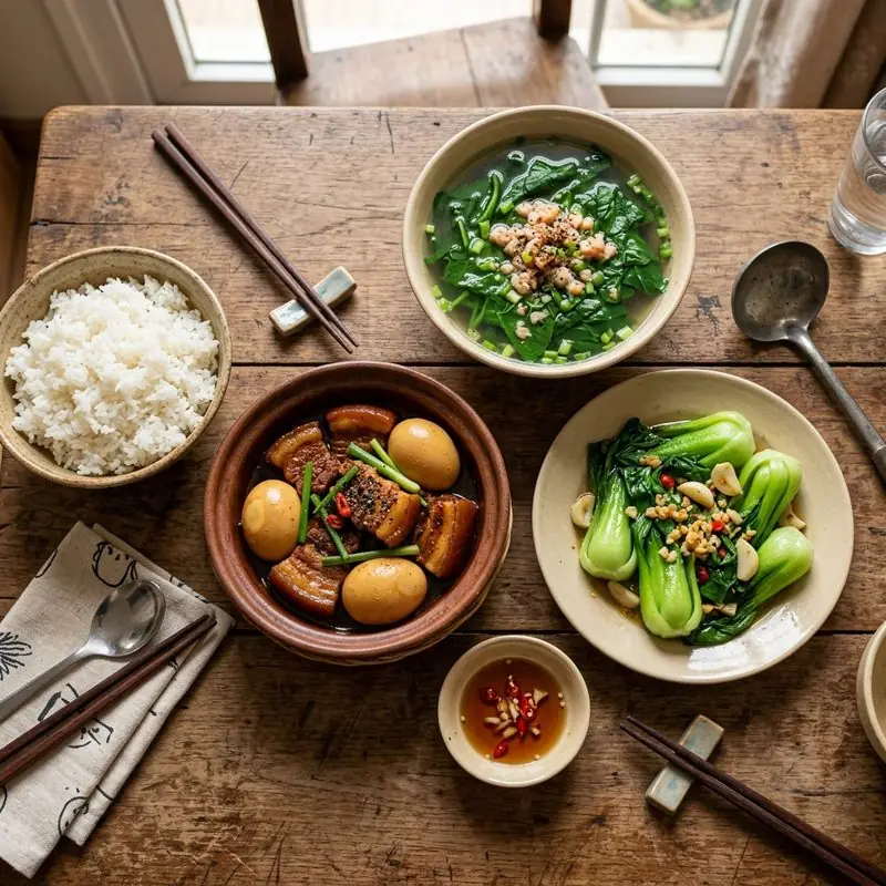 Mâm cơm Thịt kho tàu mồng tơi