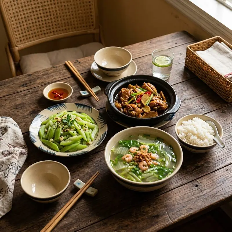 Mâm cơm Gà kho gừng cải thảo