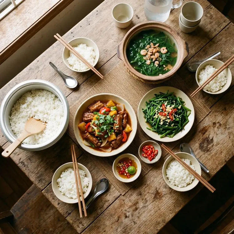 Mâm cơm Sườn xào rau muống