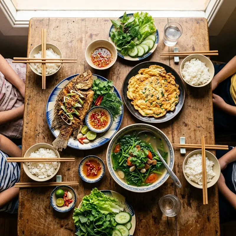 Mâm cơm Cá chiên trứng chiên
