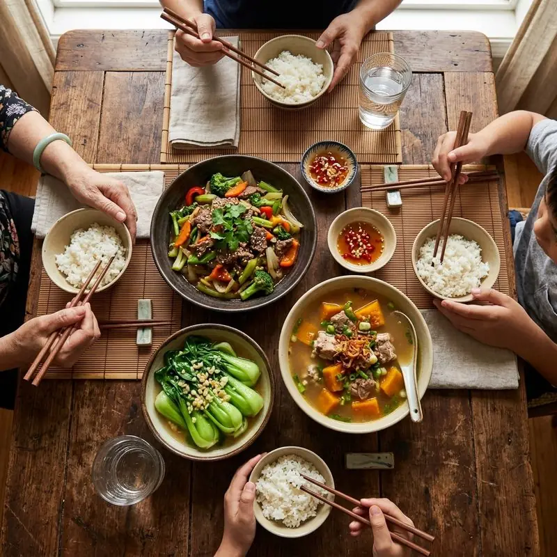 Mâm cơm Bò xào rau cải
