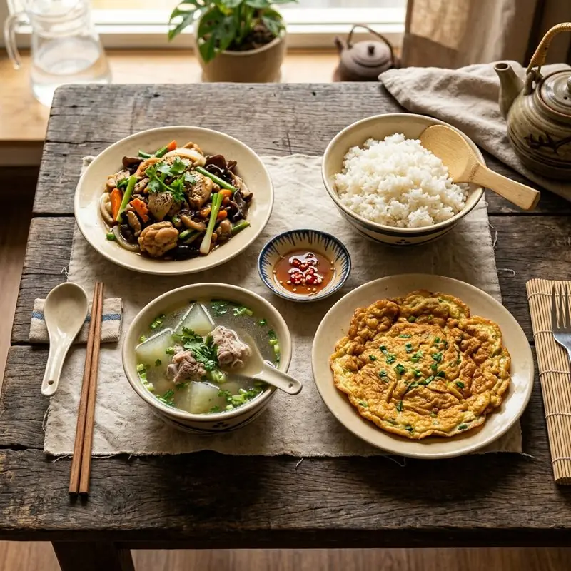 Mâm cơm Gà xào nấm canh bí xanh