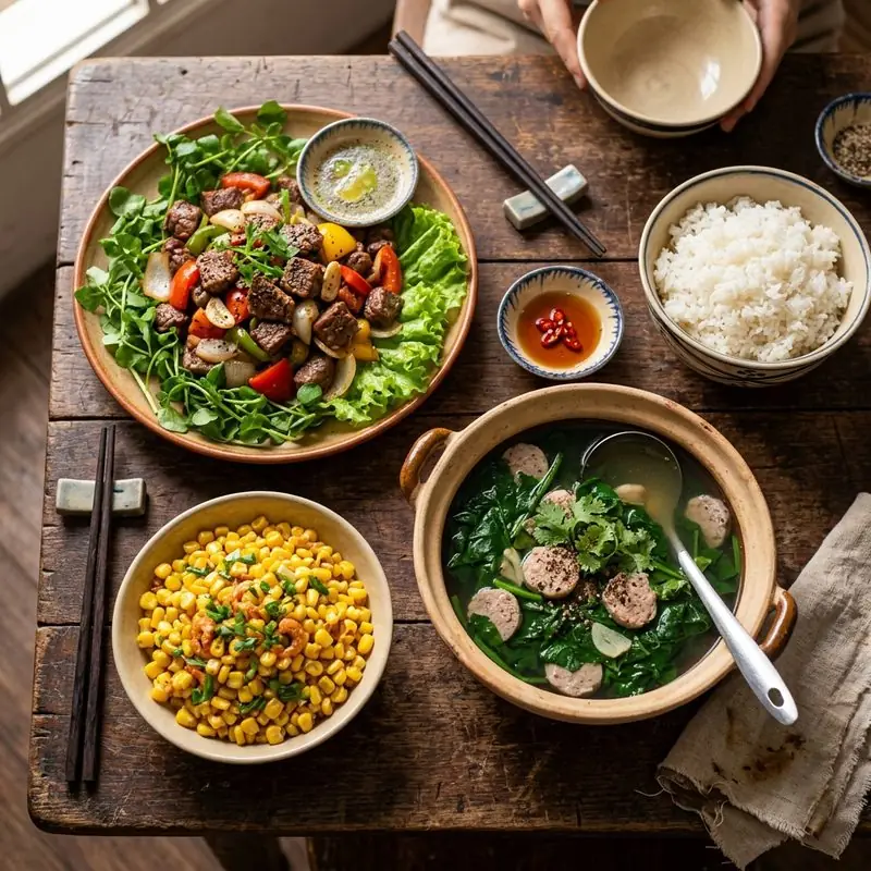 Mâm cơm Bò lúc lắc bắp xào
