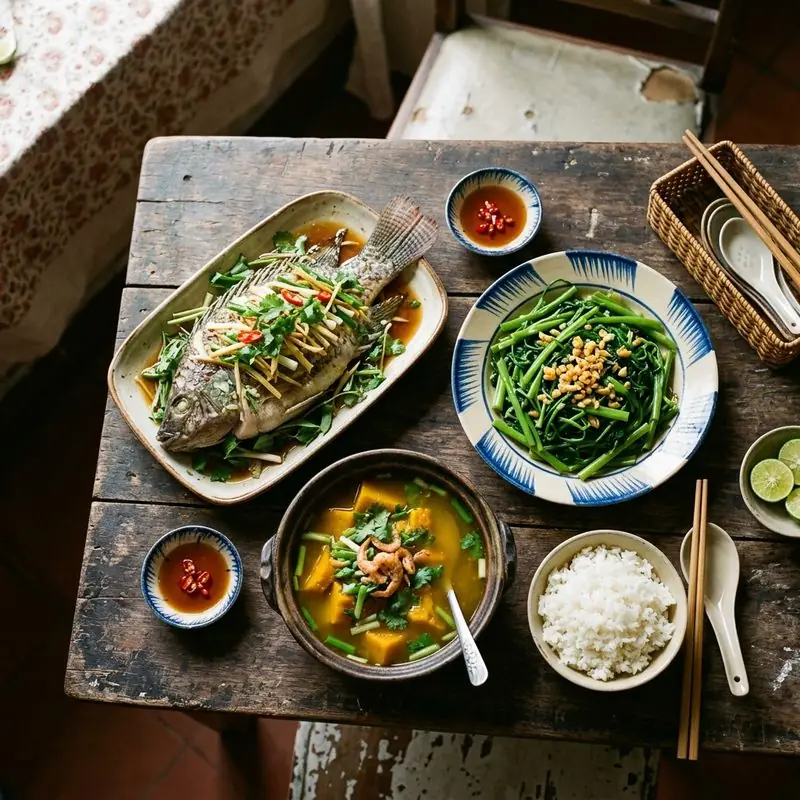 Mâm cơm Cá hấp gừng bí đỏ