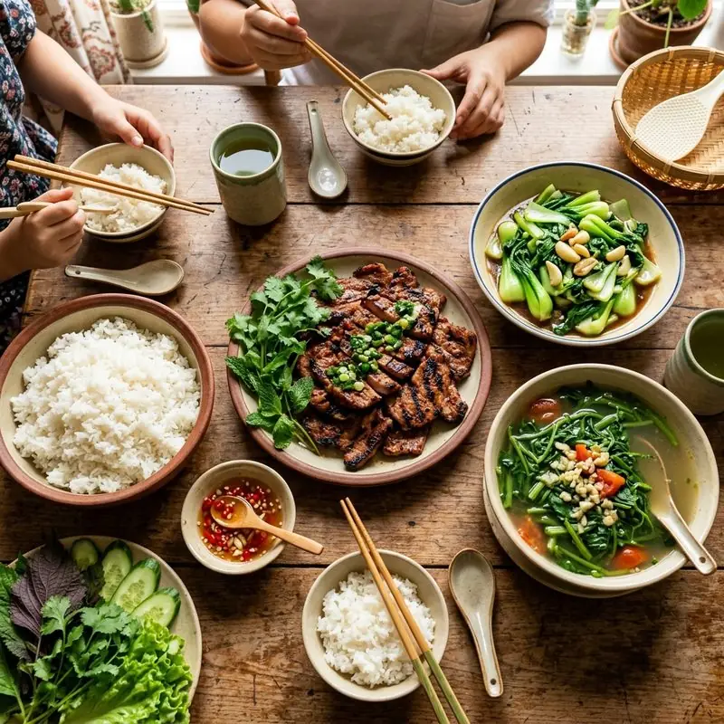 Mâm cơm Thịt nướng rau cải