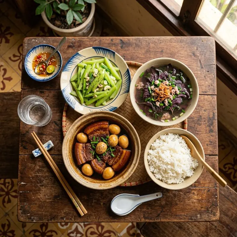 Mâm cơm Thịt kho trứng cút canh rau dền