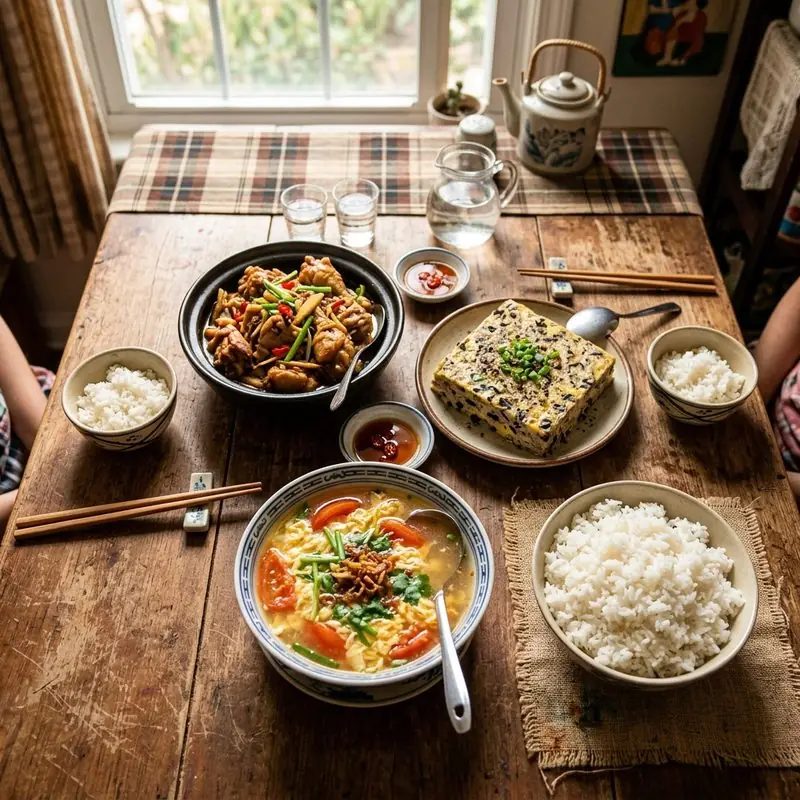 Mâm cơm Gà kho gừng trứng đúc