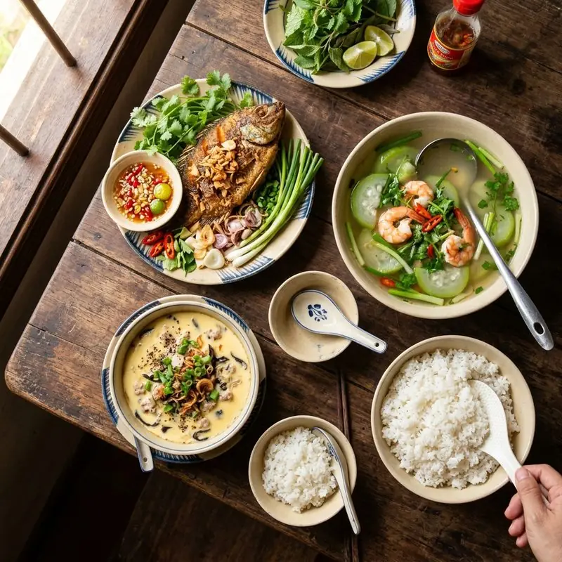 Mâm cơm Cá chiên trứng hấp