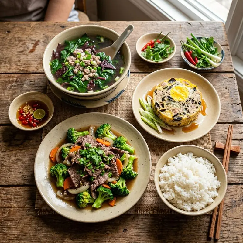 Mâm cơm Bò xào bông cải xanh canh rau dền