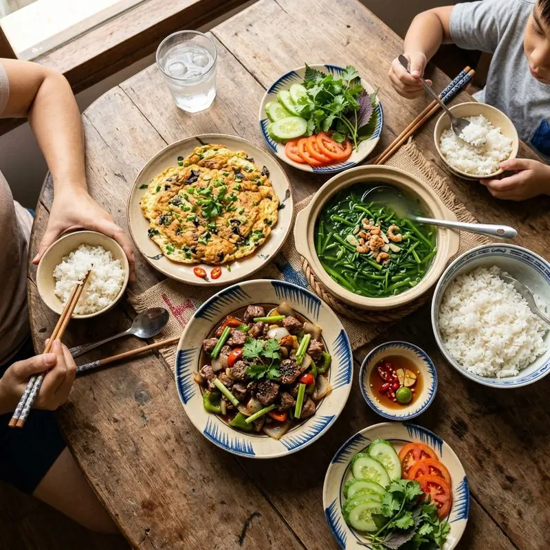 Mâm cơm Bò lúc lắc trứng chiên