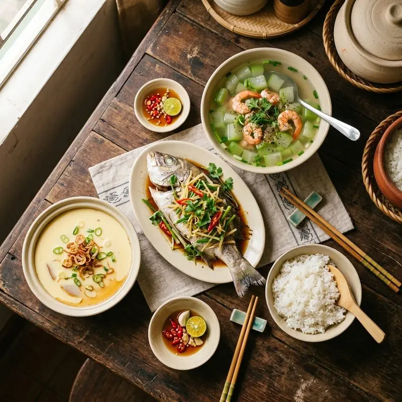 Mâm cơm Cá hấp trứng hấp