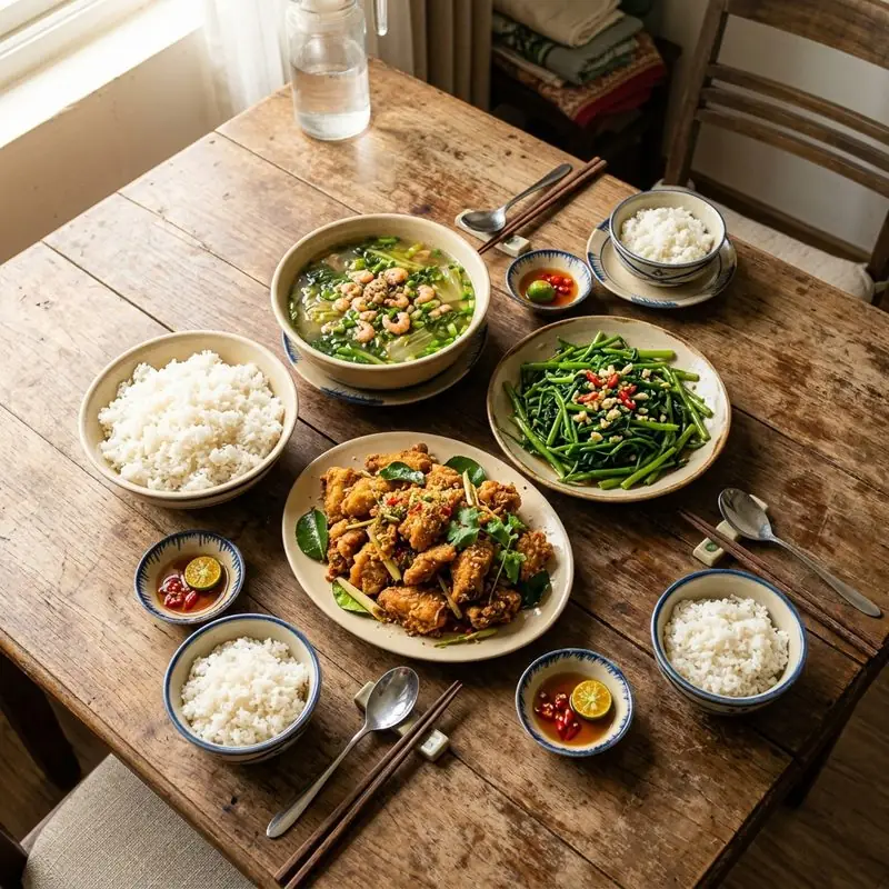 Mâm cơm Gà rang muối cải thảo
