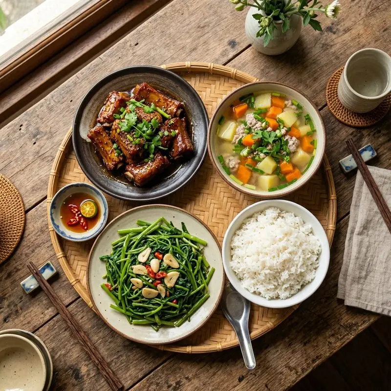 Mâm cơm Sườn kho nước dừa canh khoai tây