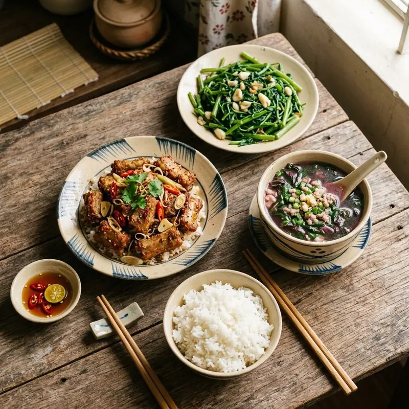 Mâm cơm Sườn rang sả ớt canh rau dền