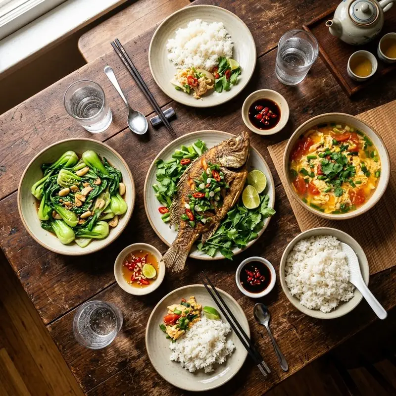 Mâm cơm Cá chiên rau cải