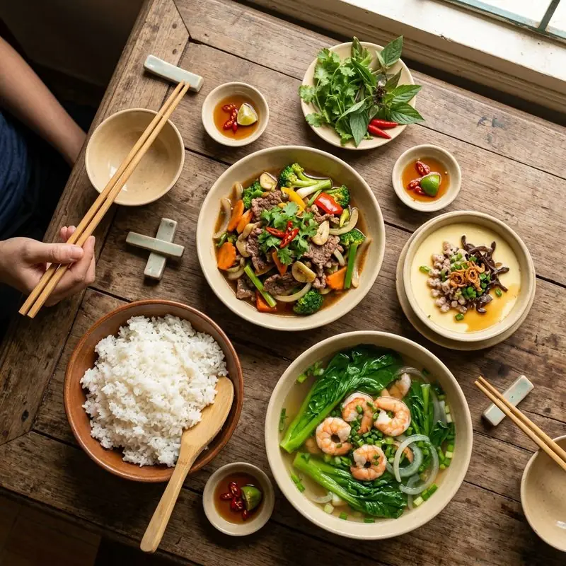 Mâm cơm Bò xào canh cải thảo