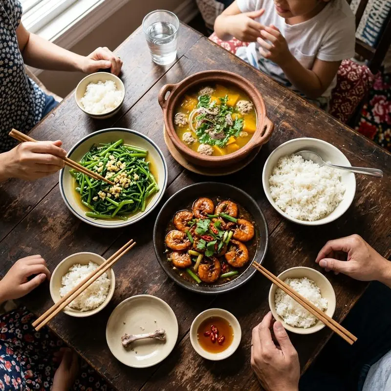 Mâm cơm Tôm rim rau muống