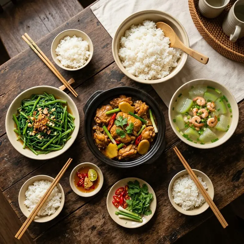 Mâm cơm Gà kho gừng canh bầu