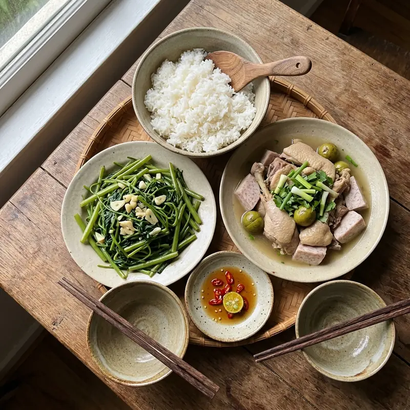 Mâm cơm Vịt om sấu rau muống
