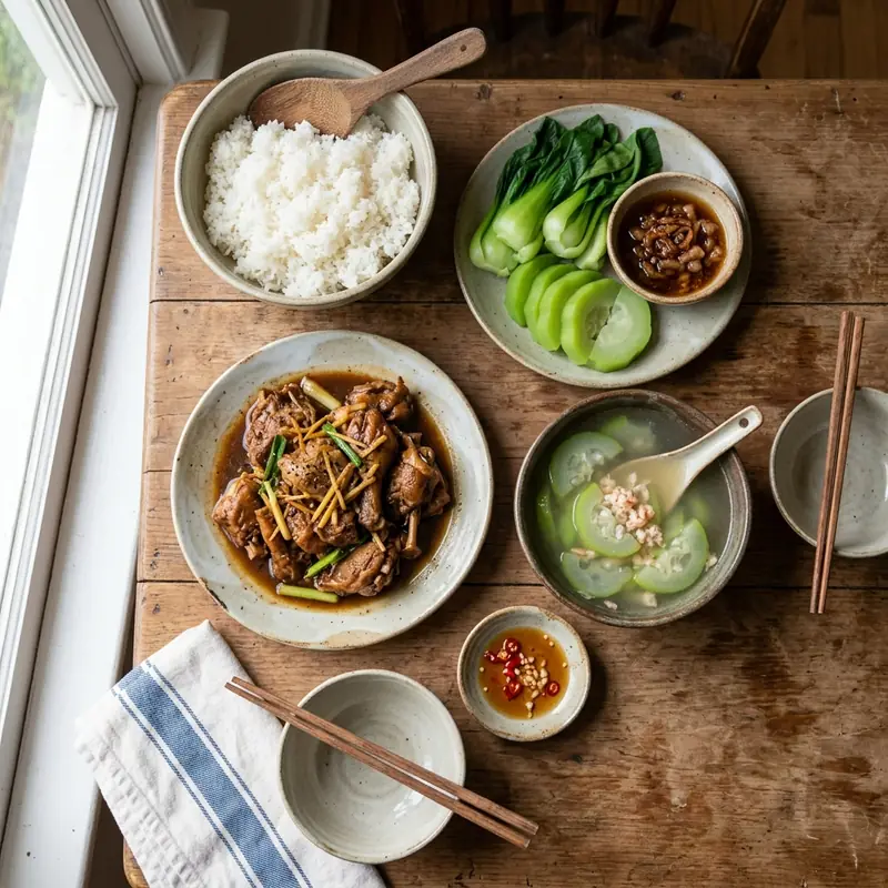 Mâm cơm Vịt kho gừng rau luộc