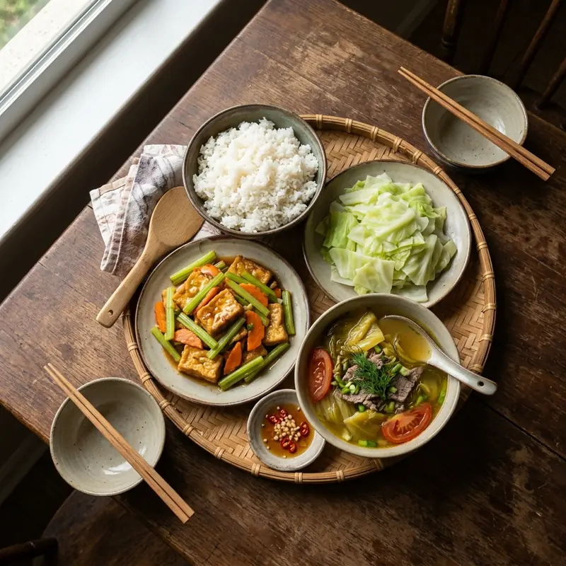 Mâm cơm Đậu phụ xào cần tỏi canh dưa chua thịt bò
