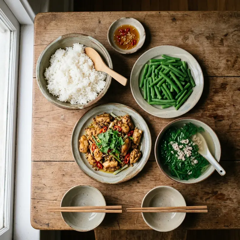 Mâm cơm Gà xào sả ớt canh cải cúc thịt băm