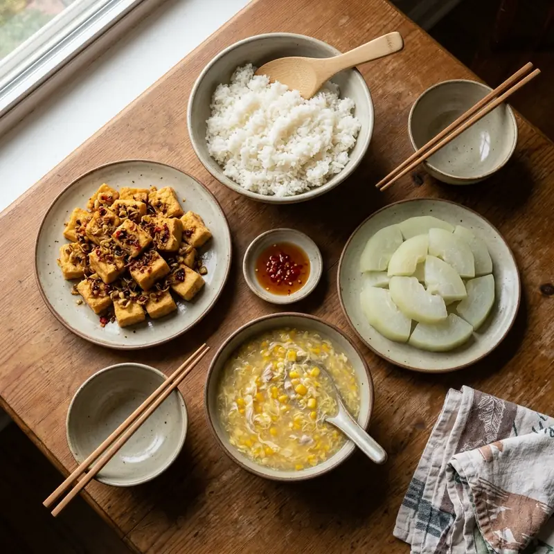 Mâm cơm Đậu phụ chiên sả ớt súp gà ngô