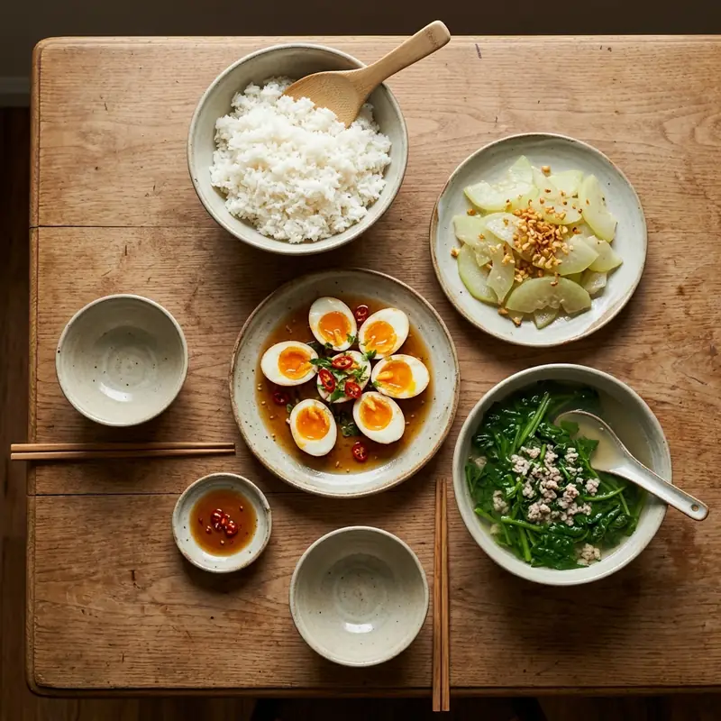 Mâm cơm Trứng luộc dầm mắm canh cải cúc thịt băm