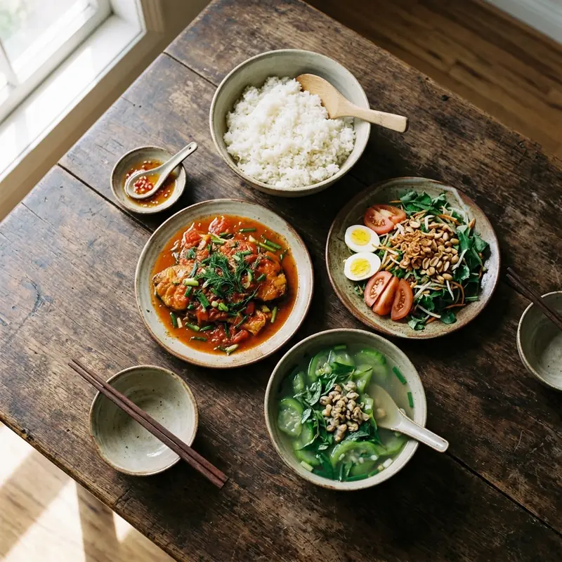 Mâm cơm Cá sốt cà chua canh mướp nấu hến