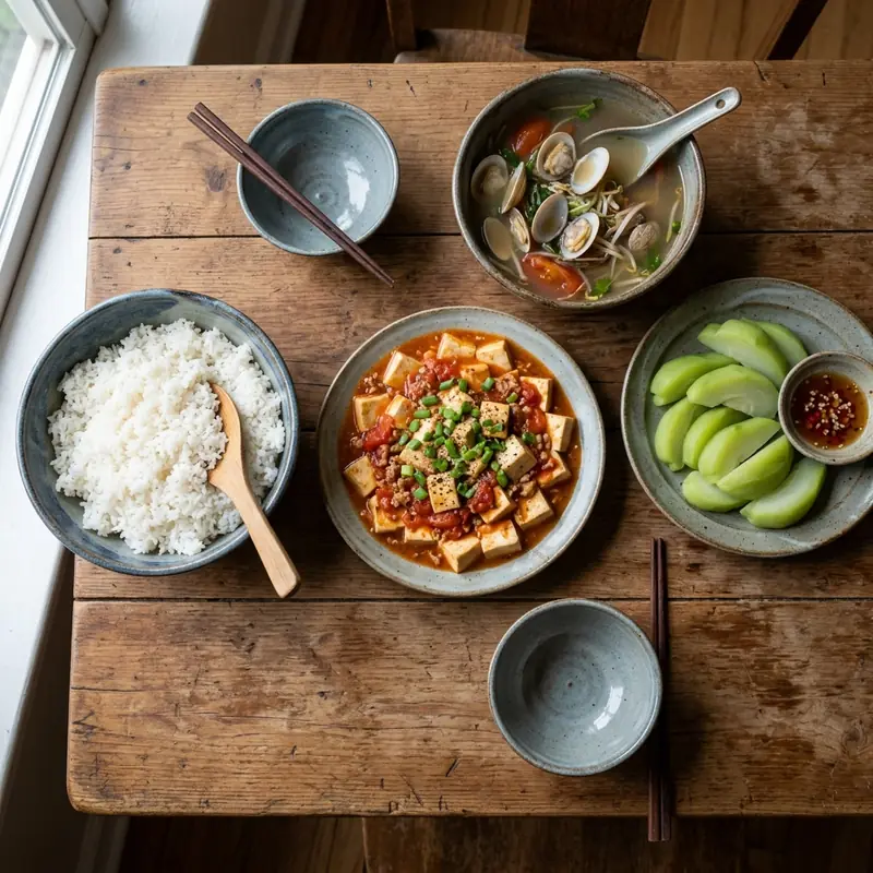 Mâm cơm Đậu phụ sốt thịt băm canh nghêu nấu chua
