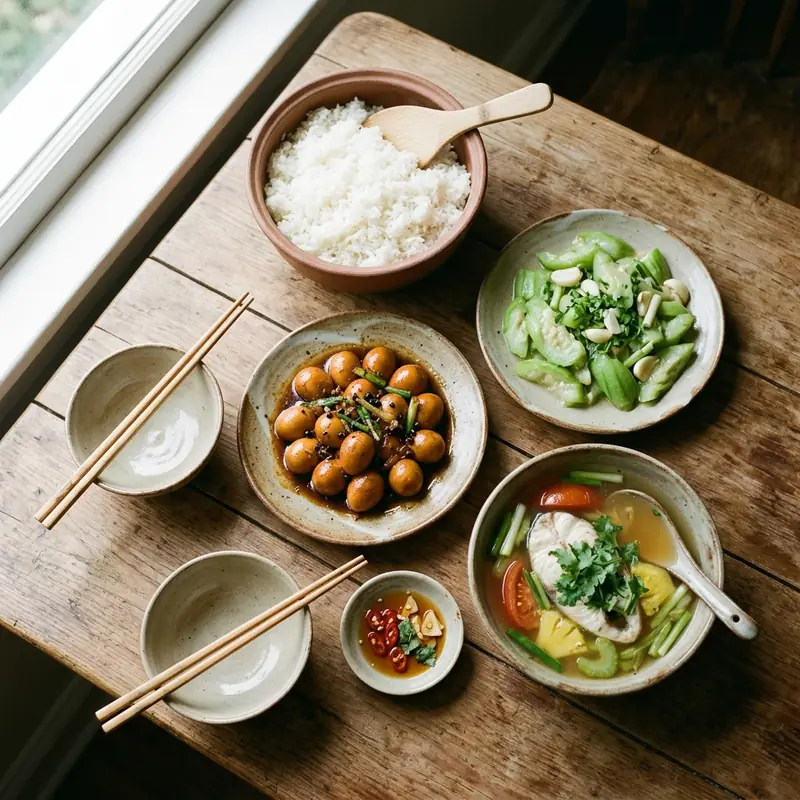 Mâm cơm Trứng cút kho tiêu canh cá nấu ngót