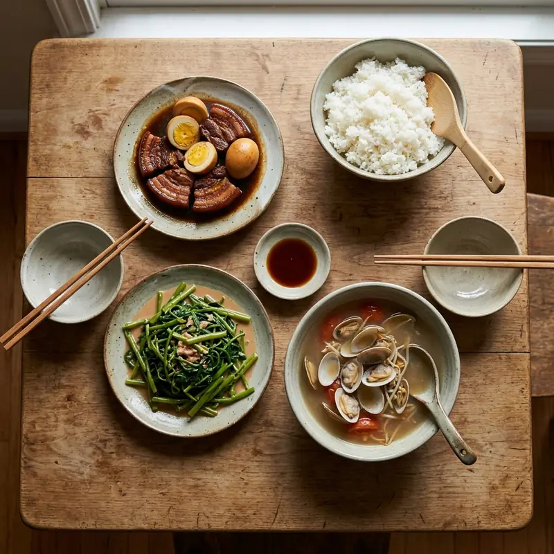 Mâm cơm Trứng kho thịt ba chỉ canh nghêu nấu chua
