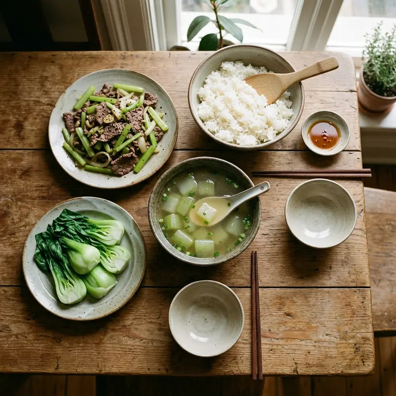 Mâm cơm Bò xào cần tỏi canh bí xanh nấu xương