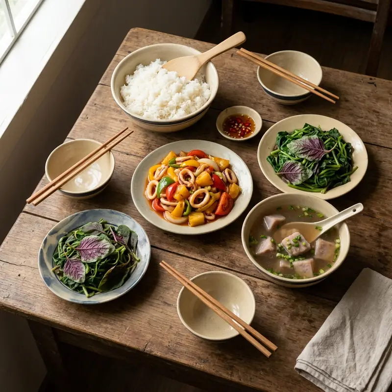 Mâm cơm Mực xào chua ngọt canh khoai môn hầm xương