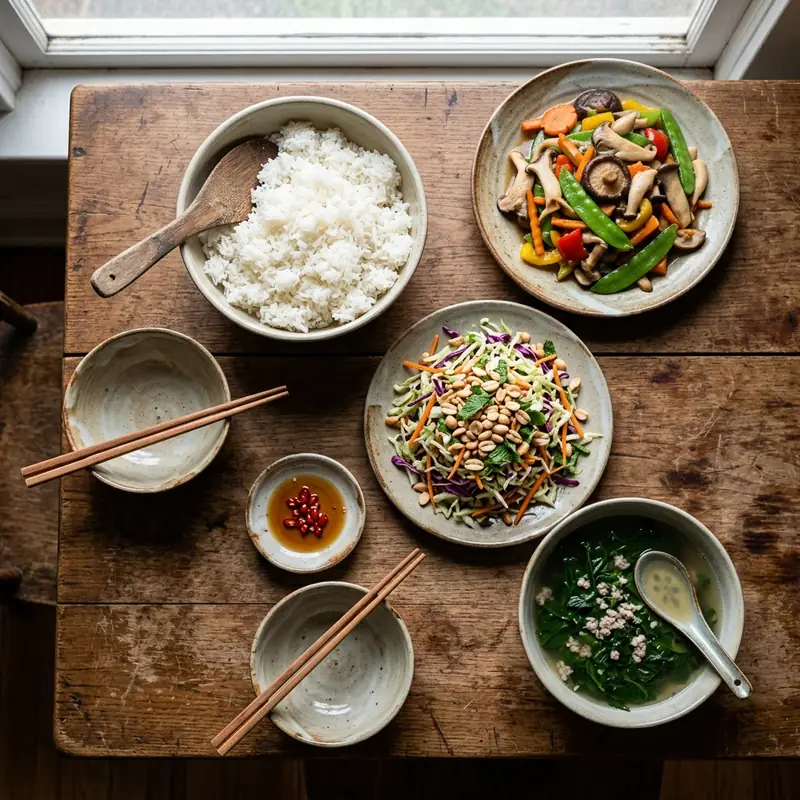 Mâm cơm Nấm xào rau củ canh rau ngót thịt băm