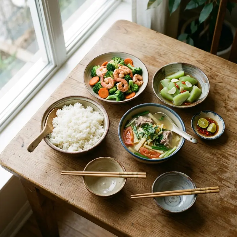 Mâm cơm Tôm xào bông cải canh măng chua