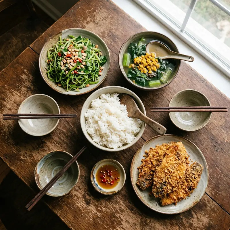 Mâm cơm Cá rô phi chiên xù canh cua rau đay
