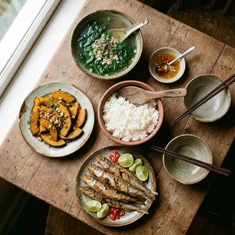 Mâm cơm Cá trứng chiên canh cải bó xôi thịt băm