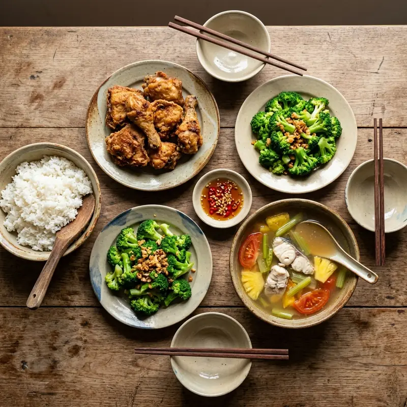 Mâm cơm Gà chiên giòn canh cá nấu ngót