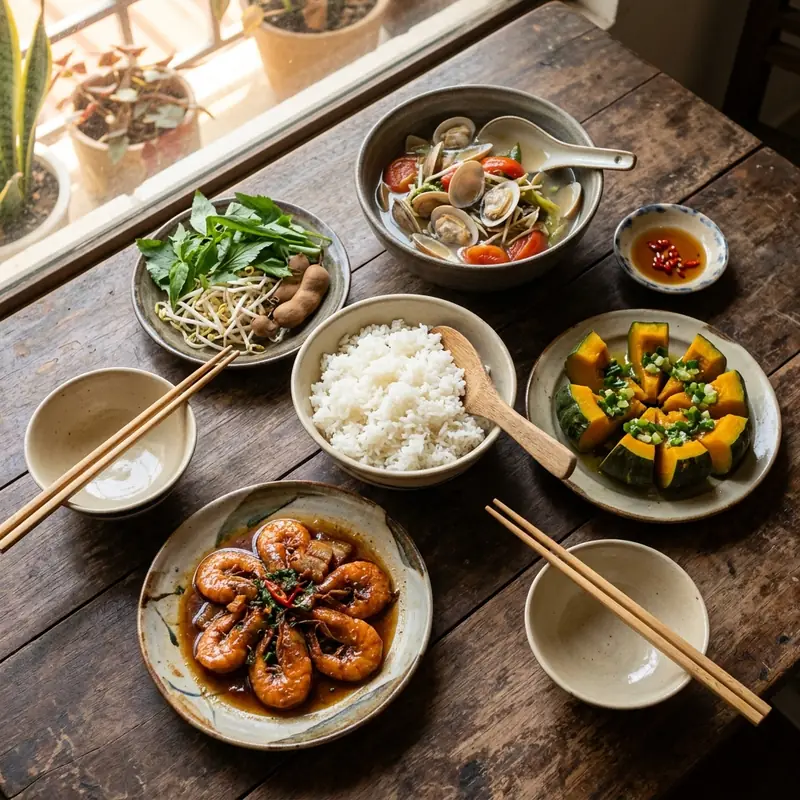 Mâm cơm Tôm rang thịt ba chỉ canh nghêu nấu chua